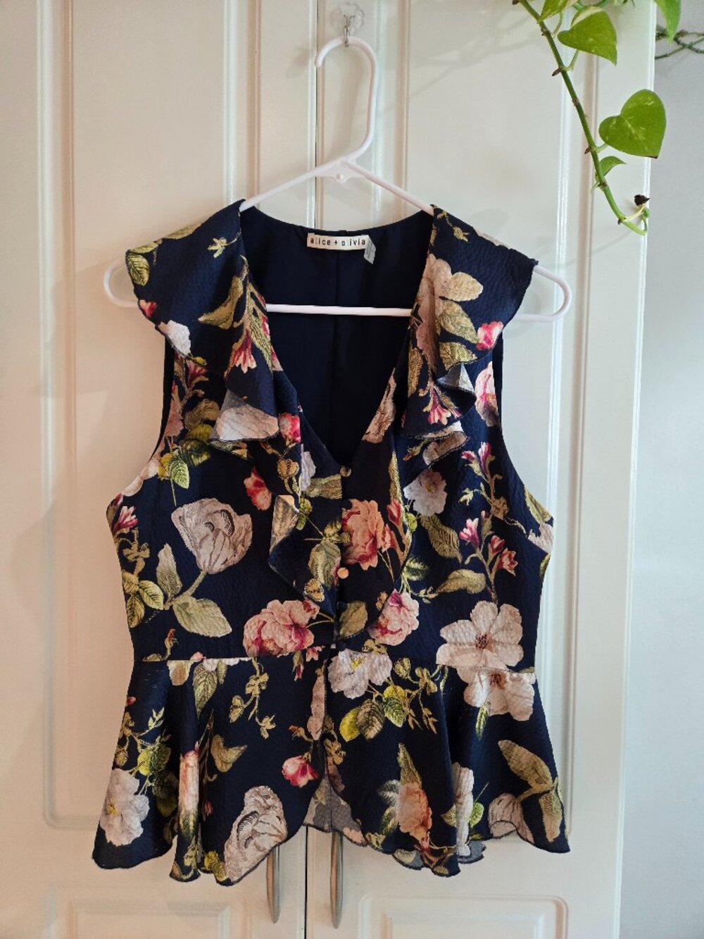 Alice + Olivia Nora Ruffle Peplum Blouse size 6 in Hazel Floral Sapphire